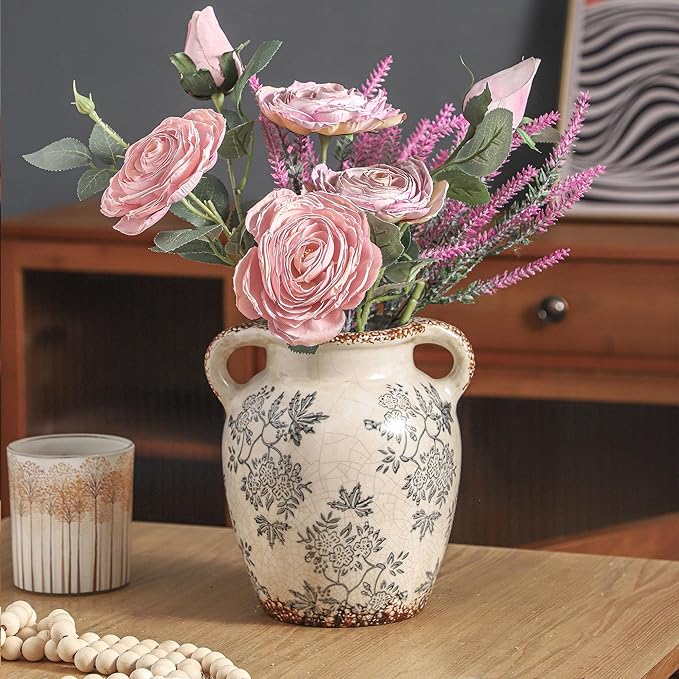 Enra Vintage vase with Handle,Blue and White Ceramic Decorative Flower vase, Chinoiserie Floral Vase,Large Rustic Vases for Home Decors, Living Room, Bookshelf, Office,7.8 in