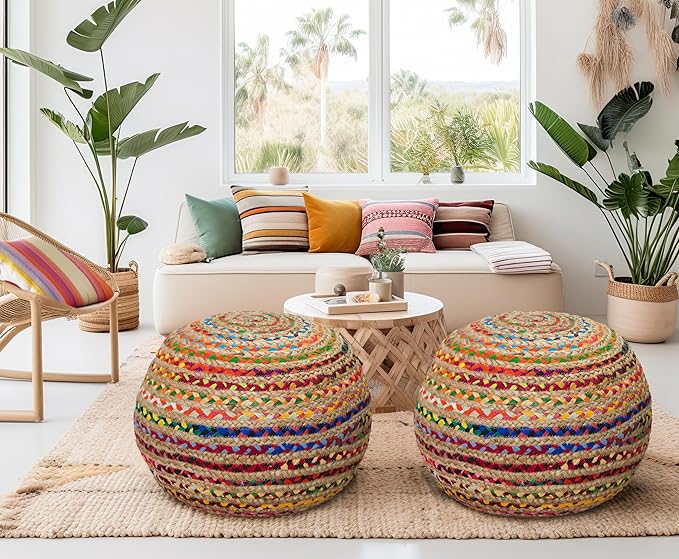 COTTON CRAFT Jute Chindi Pouf Ottoman – One of a Kind Jute Cotton Braided Moroccan Boho Kilim Foot Stool Bean Bag Accent Seating – Bedroom Dorm Kids Room Rustic Decorative Round Pouf – 18x14 - Multi