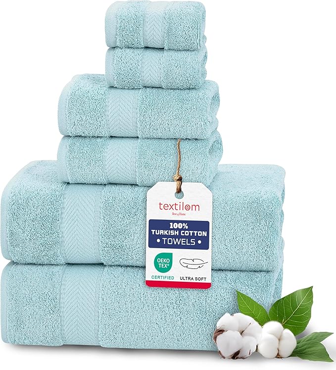 TEXTILOM 6 Pcs Bath Towel Set – Hotel and Spa Quality & Soft & Absorbent & Quick Dry Bath Towels for Bathroom –100% Turkish Cotton Bathroom Towels Set (2 Bath Towels,2 Hand Towels,2 Washcloths)-Aqua