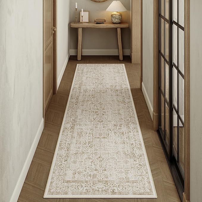 Light Brown Runner Rug 3x8 Hallway Machine Washable Kitchen Vintage Distressed Non Slip Long Carpet Indoor Retro Floral Bedroom Accent Throw Rug for Bathroom Office Laundry Dining Room