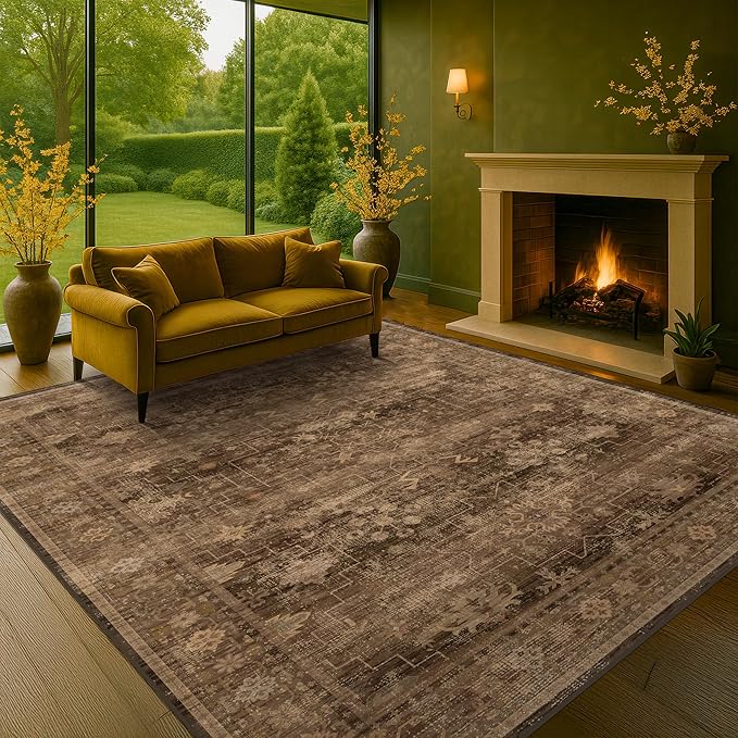 Boho Taupe Brown Living Room Rug 8x10 - Modern Vintage Traditional Eclectic Oriental Neutral, Washable Low Pile Non-Slip Extra Large Area Rugs for Dining Under Table Bedroom Lounge