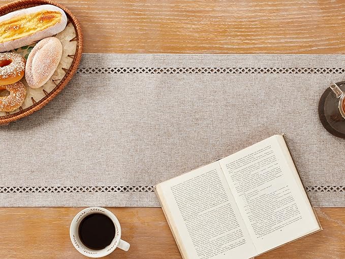 Burlap Style Farmhouse Table Runner, 13 x 48 Inch Coffee, Rustic Geometric Hollow Table Runners 48 Inches Long for Dresser Table Everyday Use, 13x48 Inches, Coffee