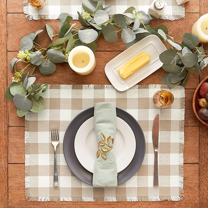 DII Heavyweight Fringed Check Tabletop Collection, Placemat Set, 13x19, Stone Brown, 6 Piece