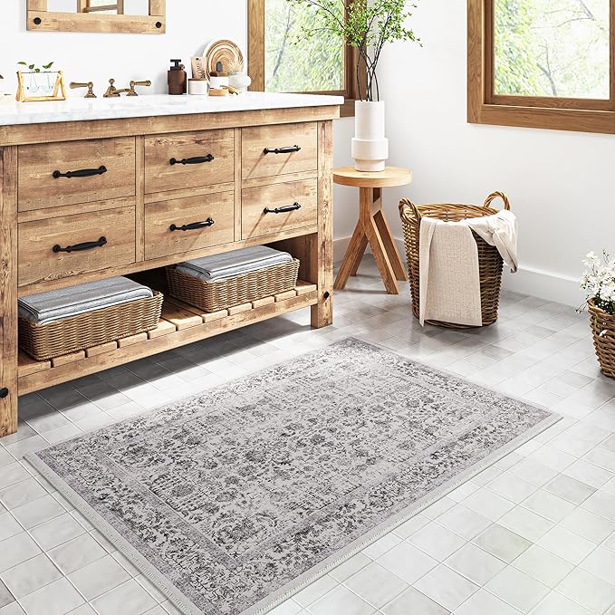 Black Entryway Area Rug 2x3 Door Mat Machine Washable Kitchen Vintage Distressed Non Slip Carpet Indoor Retro Floral Accent Throw Small Rug for Bathroom Office Bedroom Dining Room