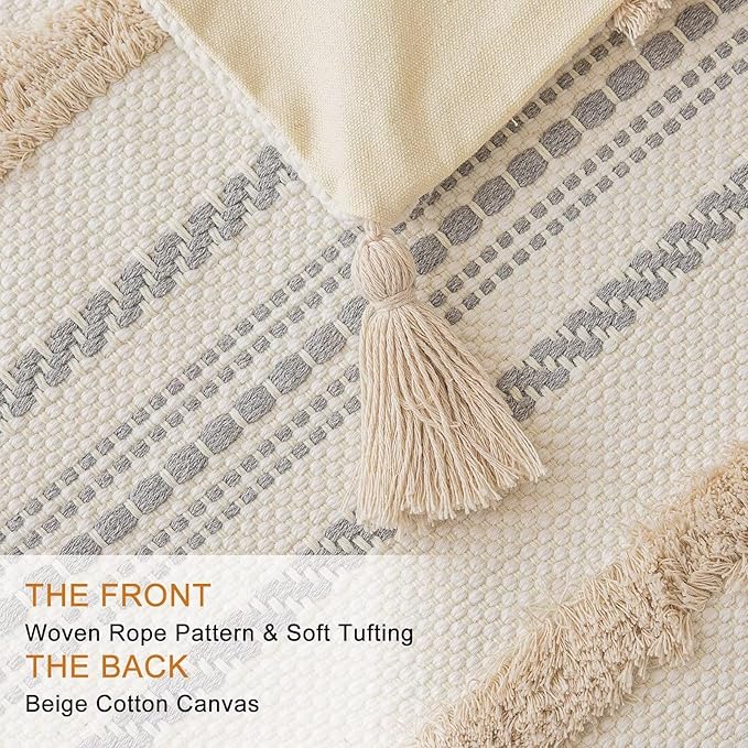 Boho Throw Pillow Covers 20x20 Set of 2 Woven Tufted Farmhouse Pillows Cover with Tassels Textured Striped Cushion Case Neutral Pillow Cases Decorative Pillowcase for Sofa, Couch, Bed, Khaki