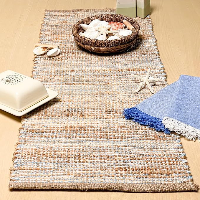 Chardin Home Natural Jute Table Runner 13x36 Inch – Vintage Boho Rustic Table Decor – Handwoven Jute Table Runner in Natural and Blue – Farmhouse Dining or Console Table Accent