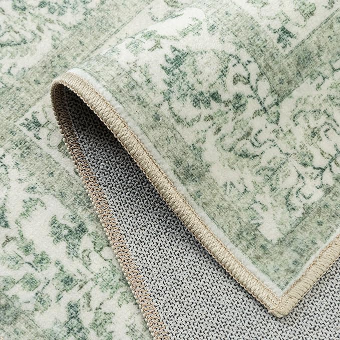 Green Area Rug 3x5 Office Entryway Rug Machine Washable Kitchen Vintage Distressed Non Slip Carpet Indoor Retro Floral Accent Throw Door Mat for Bathroom Bedroom Dining Living Room