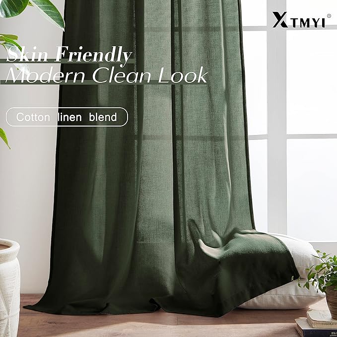 XTMYI Short Curtains for Bedroom,Pole Pocket Back Tab Linen Boho Small Curtain for Kitchen Shower Bathroom Window,54 Inch Length,Dark Olive Green