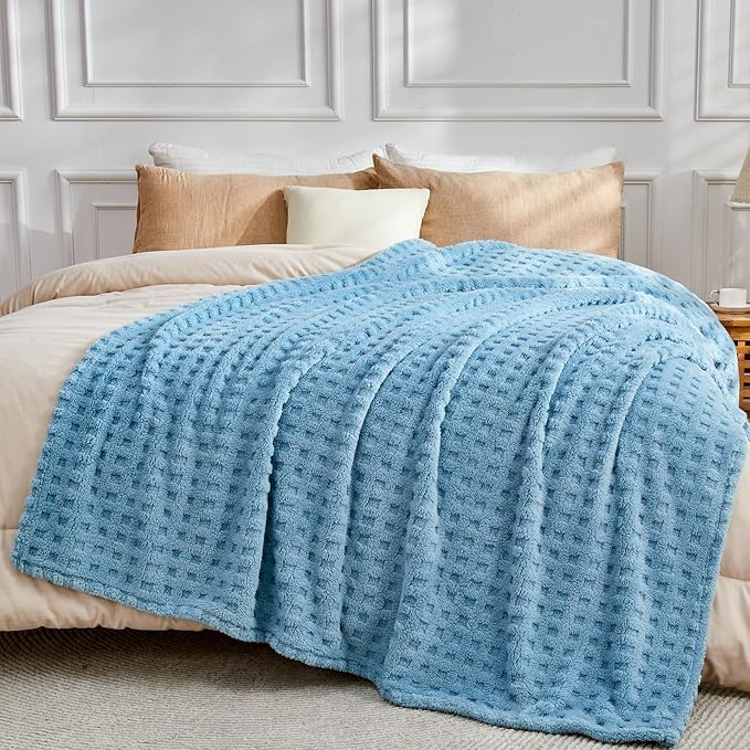 NEWCOSPLAY Super Soft Twin Blanket Blue Premium Silky Flannel Fleece 3D Waffle Checkered Lightweight Bed Blanket All Season Use (Blue, Twin(60"x80"))