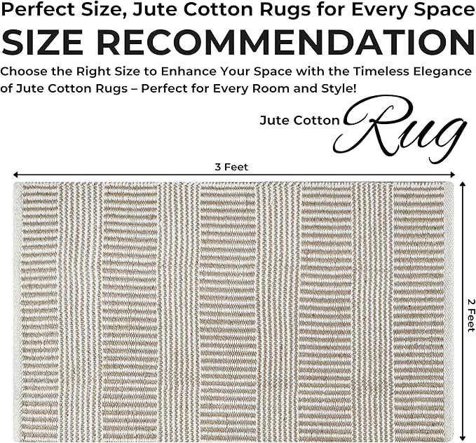 Bedding Craft Jute Cotton Stripe Area Rug for Living Room 24x36 Inch - Natural Ivory - Machine Washable 2x3 Feet Rugs - 70% Jute and 30% Cotton