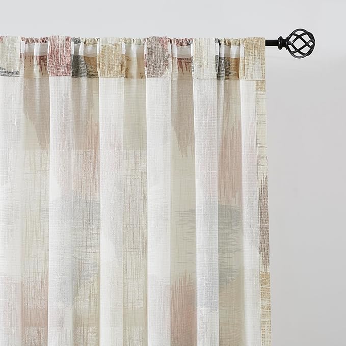 Kayne Studio Red Tan Boho Semi Sheer Curtains for Living Room Watercolor Abstract Pattern Light Filtering Drapes, 84 Inches Long Colorful Window Panels,Backtab Rod Pocket,52W x 84L Brown,2 Panels