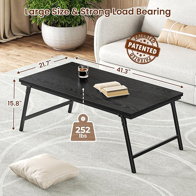 Folding Coffee Table for Small Spaces, Leg Latches Collapsible Foldable Coffee Table Portable Sturdy, No Assembly Low Tables for Living Room (Black, Opened Size: 41.34L×21.65W×15.75H)