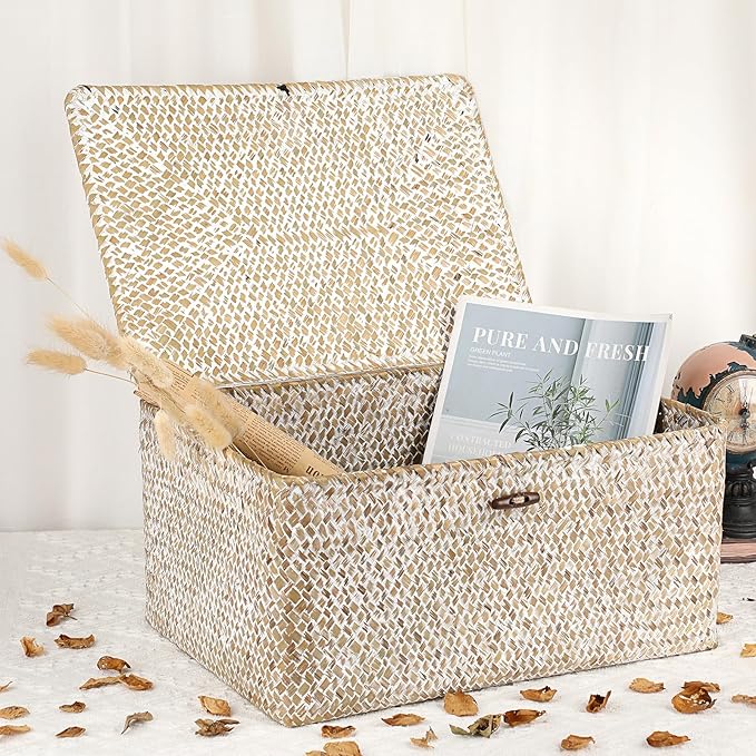 Hipiwe Wicker Woven Baskets Bin with Lid Natural Seagrass Basket Storage Bin Rectangular Household Basket for Shelf Wardrobe Home Decor, Whitewash, X-Large