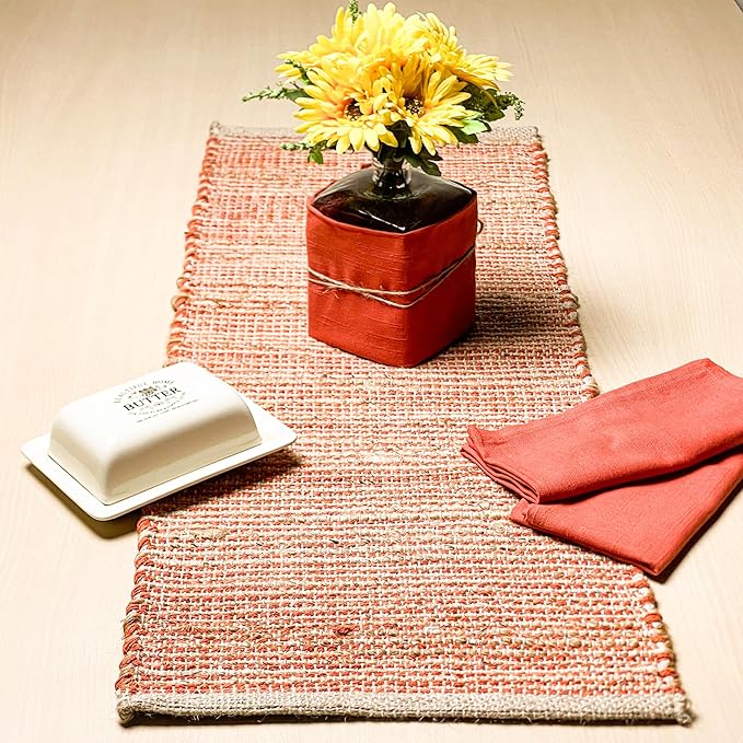 Chardin Home Natural Jute Table Runner 13x48 Inch – Vintage Boho Rustic Table Decor – Handwoven Jute Table Runner in Natural and Rust Orange – Farmhouse Dining or Console Table Accent