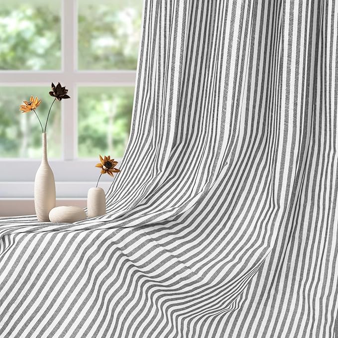 ASPMIZ Cotton Linen Farmhouse Curtains Boho Rustic Button Panel, Linen Window Curtain Panels, Grey Stripe Country Curtain for Living Room, Back Tab Curtains & Drapes for Windows 52 x 63 Inch, 2 Panels