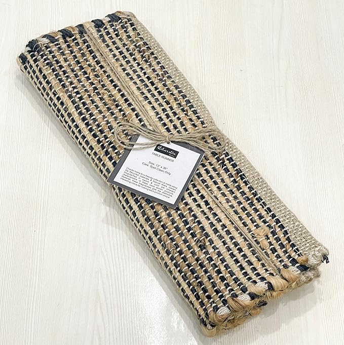 Chardin home Natural Jute Table Runner 13x36 Inch – Vintage Boho Rustic Table Decor – Handwoven Jute Table Runner in Natural and Black Charcoal – Farmhouse Dining or Console Table Accent