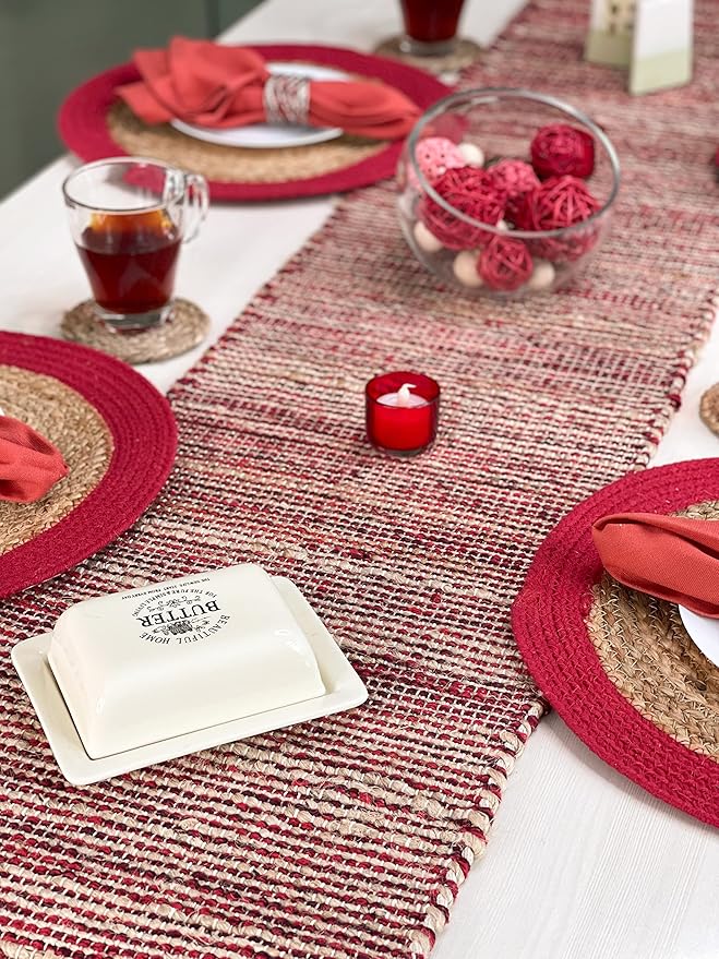 Chardin Home Natural Jute Table Runner 13x90 Inch – Vintage Boho Rustic Table Decor – Handwoven Jute Table Runner in Natural and Red – Farmhouse Dining or Console Table Accent