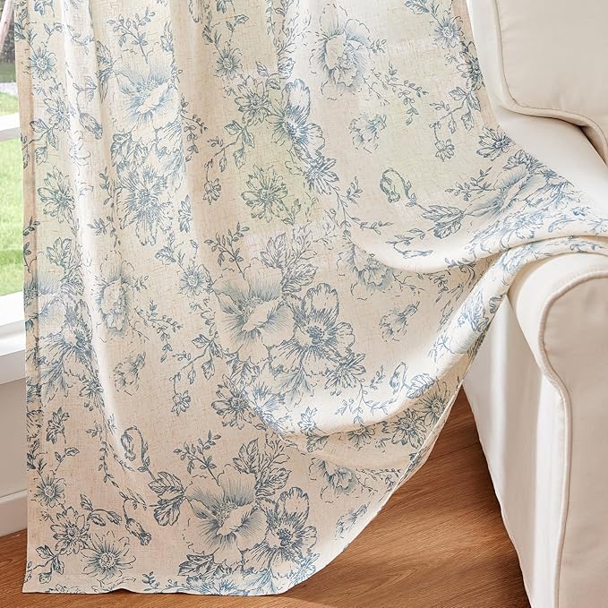 jinchan Linen Blend Curtain Floral Curtains for Living Room 45 Inch Length Blue Printed Curtain Rod Pocket Back Tab Farmhouse Peony Flower Patterned Drapes Bedroom Window Curtains Set 2 Panels
