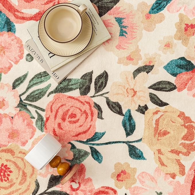 Washable Floral Area Rug 8x10 Beige Living Room Large Carpet Bedroom Scalloped Flower Non Slip Soft Throw Rug Farmhouse Low Pile Thin Indoor Floor Cover for Dining Room Office