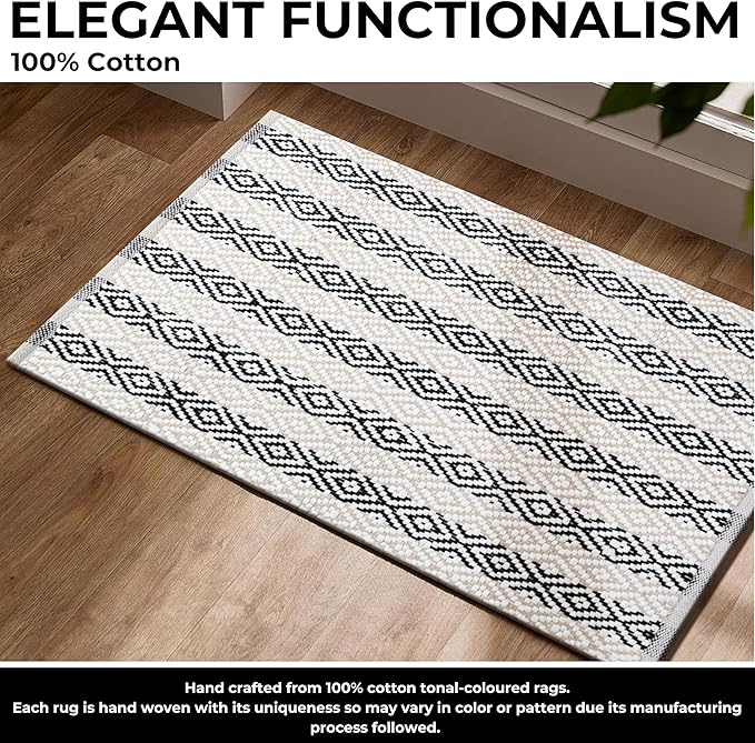 Bedding Craft Diamond Stripe Area Rug for Living Room 24x36 Inch - Beige/White/Black - Machine Washable 2x3 Feet Rugs - 60% Cotton 40% Mixed Fiber, Area Rug for Bedroom, Arearug for Bedroom
