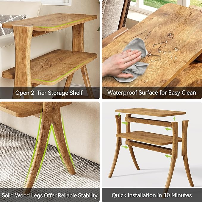 LITTLE TREE Narrow Side Table, 2-Tier Farmhouse End Table with Solid Wood Legs, Small Side Table, Space-Saver for Living Room, Bedroom, Entryway (Light Walnut)