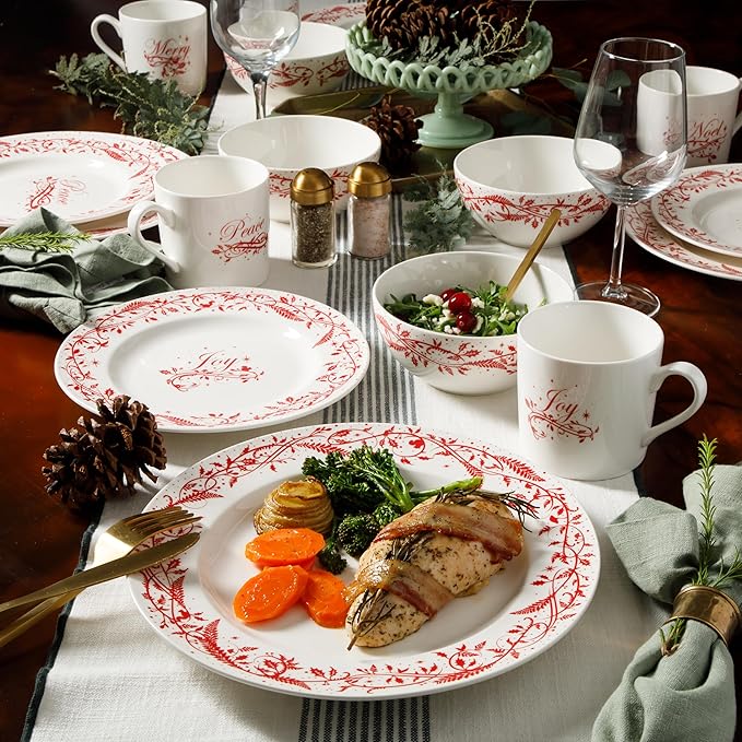 Martha Stewart Christmas Holiday Plates 16-Piece Porcelain Chip and Scratch Resistant Dinnerware Set