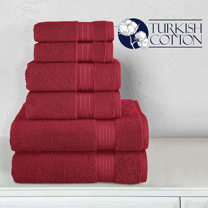 Elegant Comfort Premium Cotton 6-Piece Towel Set, Includes 2 Washcloths, 2 Hand Towels and 2 Bath Towels, 100% Turkish Cotton - Highly Absorbent and Super Soft Towels for Bathroom, Burgundy