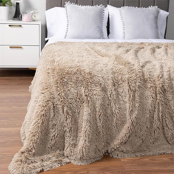 PAVILIA Taupe Tan Fluffy Throw Blanket for Couch, Fuzzy Blanket for Women Men, Furry Plush Warm Blanket Bed Sofa, Super Soft Thick Faux Fur Sherpa Blanket Throw, 50x60