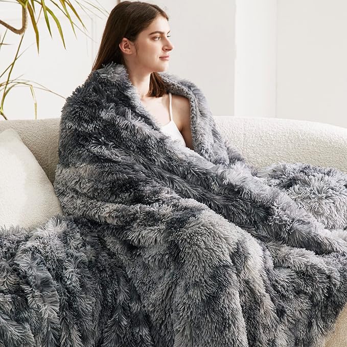 Bedsure Fluffy Tie Dye Grey Blankets Queen Size for Bed, Thick Sherpa Faux Fur Fleece Fuzzy Plush Winter Warm Soft Full Queen Blankets, Bedroom Decor Grey Gifts Cozy Gifts for Women Men, 90x90