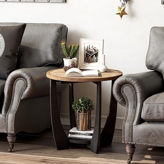 Rustic Farmhouse End Table -2P, French Country Accent Side Table for Family, Dinning or Living Room, Small Spaces, Modern, Round, Black End Table