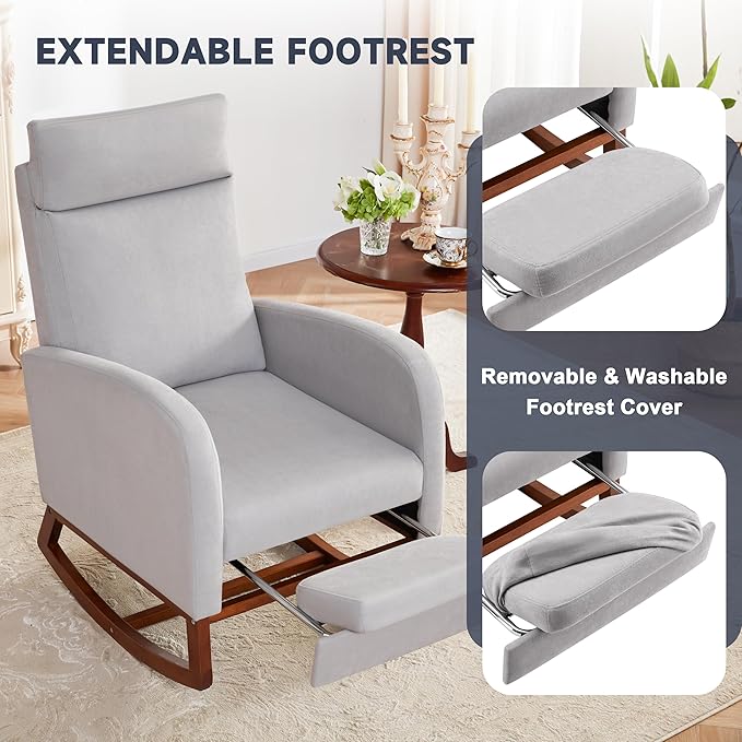 Rocking Chair Nursery Chair with Foot Rest, Nursery Rocking Chairs with High Back, Glider Rocking Chair with Pocket, Baby Nursery Glider Rocker, Nursing Chair Accent Living Room (Linen Grey)