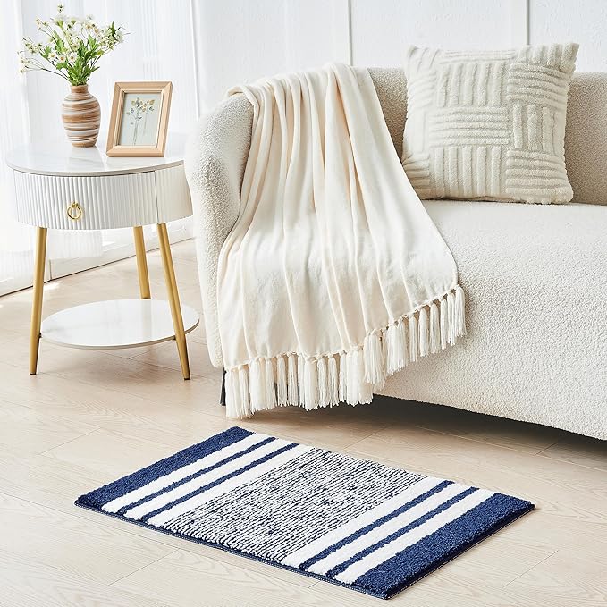 CozeCube Blue Striped Bath mats for Bathroom Non Slip, Fluffy Absorbent Microfiber Bath mat Washable, Aesthetic Bathroom Rugs, Large Bath mat for Sink, 36" x 24"