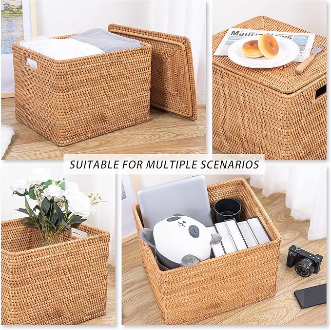 Rattan Basket With Lid, Large Lidded Basket For Storage(18.9" L×15.35"W×11.81"H)