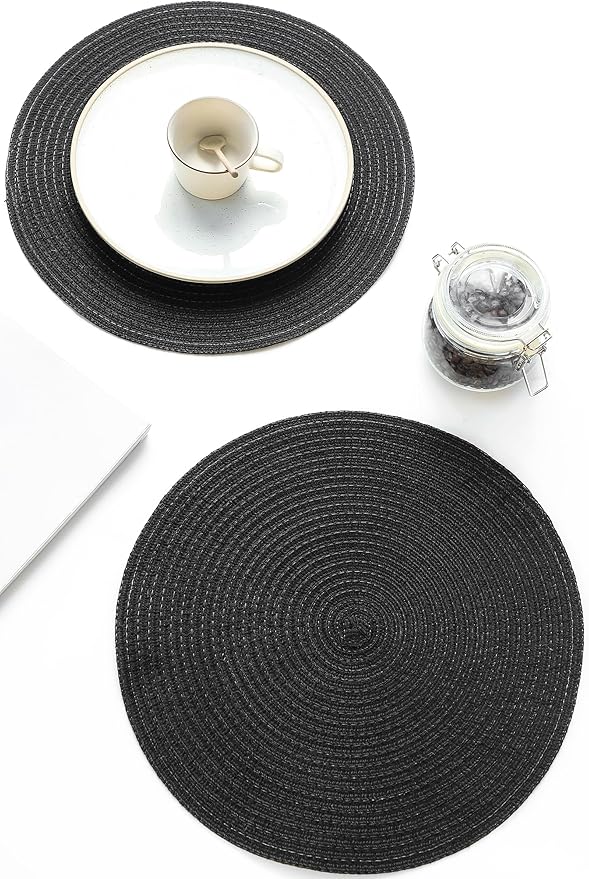 Floroom 15 Inch Round Braided Placemats Set of 4, Washable Heat Resistant Cotton Polyester Circle Place Mats for Kitchen Dining Table - Black