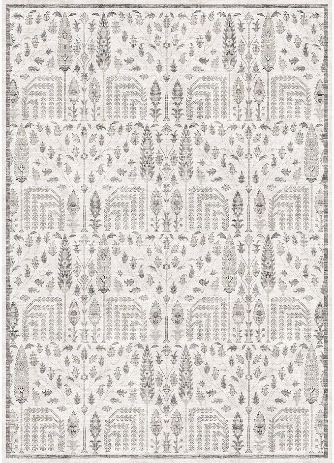 Area Rug 5x7 Washable Grey Carpet Non Slip Large Boho Thin Floral Farmhouse Throw Accent Rug for Living Room Bedroom Office Kitchen Bathroom