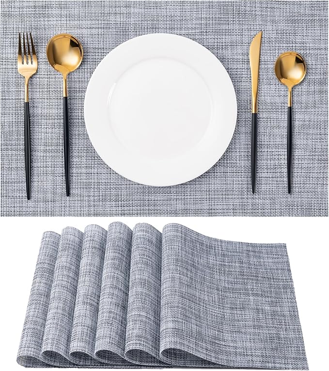 Placemats Set of 6 Washable Indoor/Outdoor Vinyl Place Mats for Dining Table Durable Non-Slip Heat Resistant PVC Weave Table Mats(Gray)