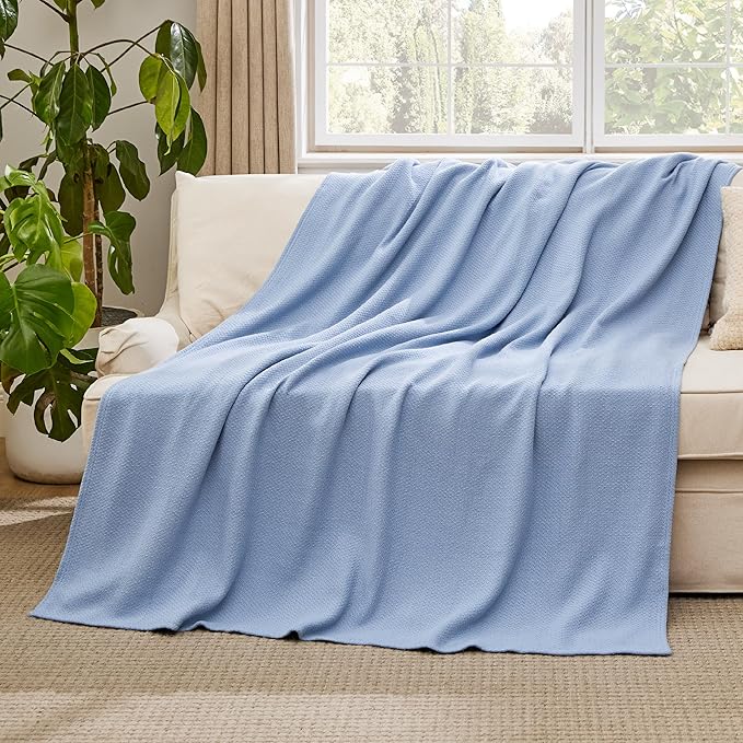 Bedsure 100% Cotton Large Throw Blanket for Couch 50x70 inches - Breathable and Lightweight, Soft Cozy Herringbone Woven Cotton Throw for Summer, Ashley Blue Office Chair Blanket