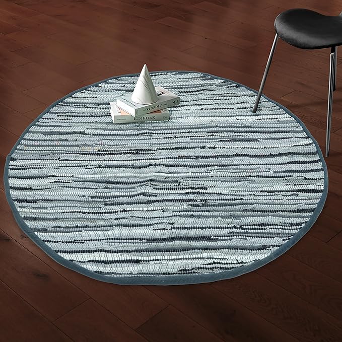 Area Rugs 4Ft Round Charcoal Cotton Rug Farmhouse Handwoven for Bedroom, Bathroom,Living Room | Boho Reversible Washable RagRug Circle Carpet for Kitchen, Patio, Kids Playroom, Nursery