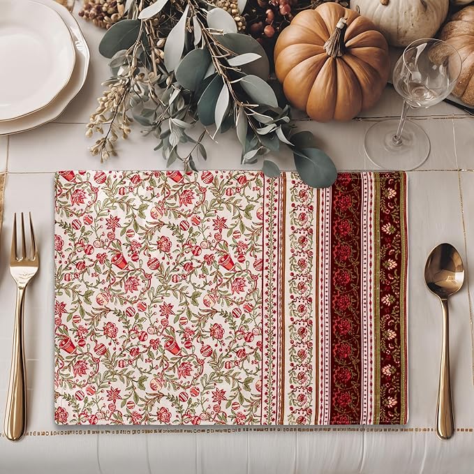 Maison d' Hermine Placemats Set of 4 100% Cotton Washable Cloth Place Mats, Reusable Table Mats for Kitchen Dining Decoration, Party, Wedding, Restaurant (Reveillon Au Jardin, 13" x 19")