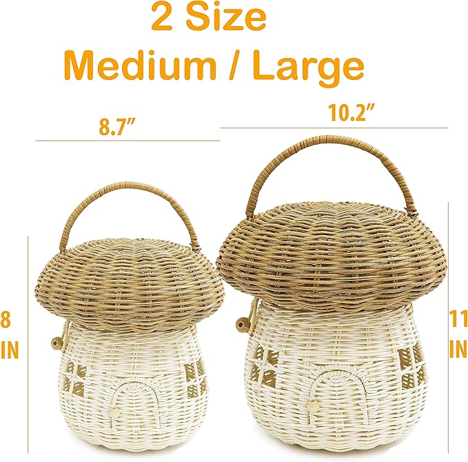 KOLWOVEN Mushroom Rattan Storage Basket with Lid - Mouse in a Box House- Small Doll house- Decorative Hand Woven Shelf Organizer Cute Handmade Handcrafted Gift Decoration Artwork Wicker (Natural)