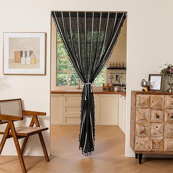 Sutuo Home Door Curtains for Doorway, Bohemian Semi Blackout Curtains Privacy Embroidery Stripes Decor for Temporary Room Dividers Bedroom Living Room, Rod Pocket 1 Panel 37" W x 80" L, Black