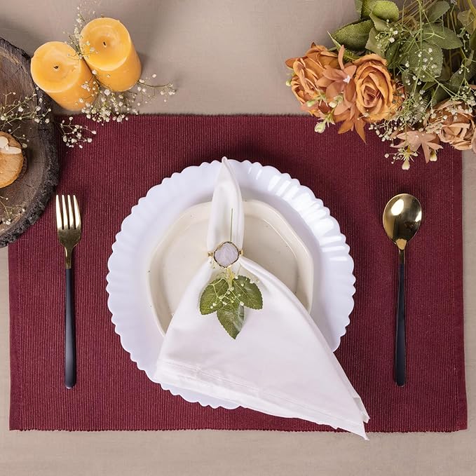 RAJRANG Tibetan Red Placemats Set of 6, Cotton Ribbed Tabletop, Non-Slip Wrinkle Free Kitchen Table Mats for Dining Table, 13x19 Inch
