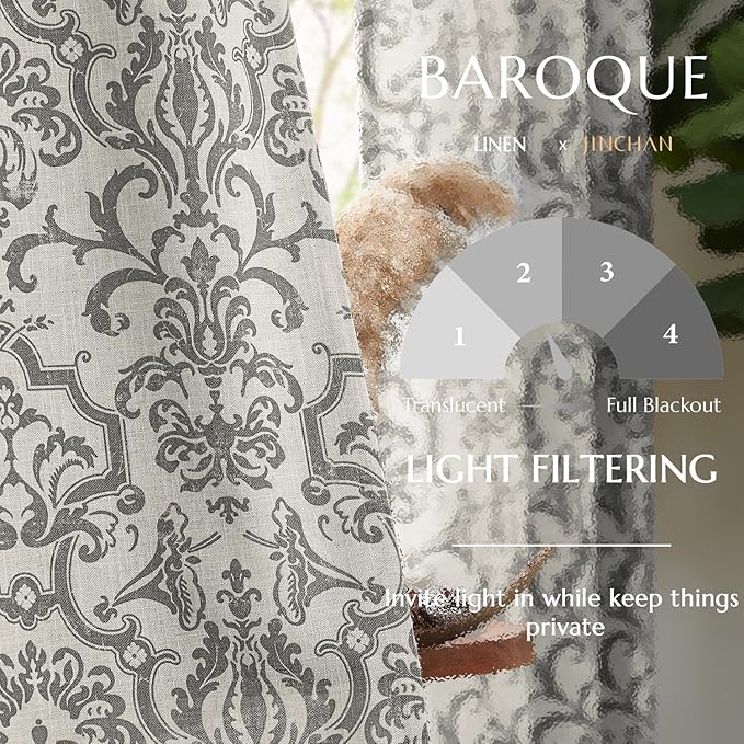 Jinchan Linen Curtains for Bedroom and Living Room - Grey Damask Patterned, 90 Inches Long, Light Filtering, Vintage Baroque Style Drapes With Grommets - 2 Panels Set