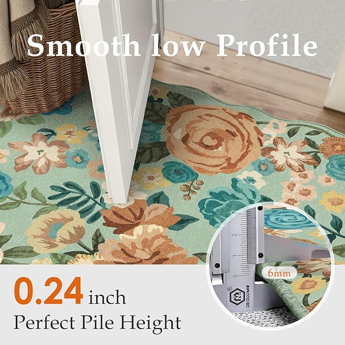 Washable Floral Area Rug 5x7 Green Living Room Carpet Scalloped Flower Non Slip Soft Bedroom Rug Farmhouse Low Pile Thin Indoor Floor Cover for Office Dining Room Kitchen Bathroom