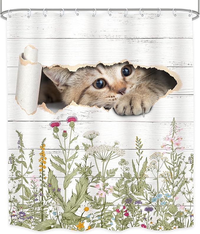 LGhtyro Wildflower Cats Shower Curtain Bathroom Set 60Wx71H Inches Kids Funny Floral Rustic Plant Leaves Botanical Country Bath Accessories Animal Cute Flower Art Home Decor Fabric 12 Pack Hooks