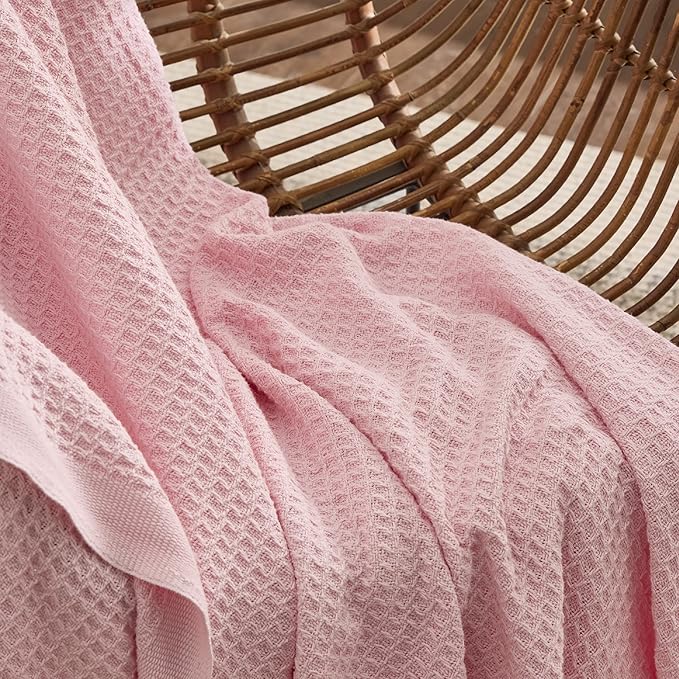 Bedsure 100% Cotton Blanket Queen Size for Bed - Breathable and Soft, Waffle Weave Blanket for Summer Spring, Pink, 90x90 Inches