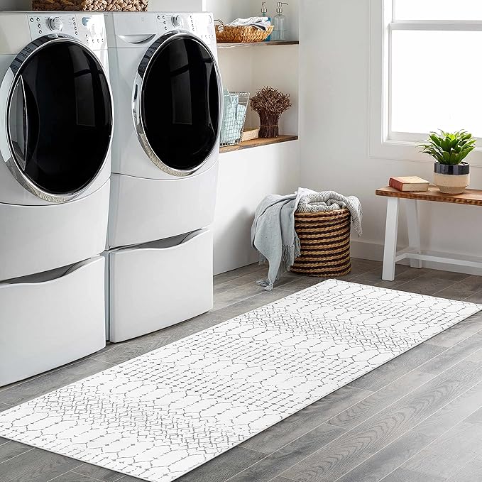 Lahome Moroccan Small Runner Rug - 2x5 Rug Runner Non-Slip Washable Laundry Room Rugs Throw Lightweight Hallway Carpet Indoor, Geometric Print Mat for Bedroom Kitchen (White, 2'x5')