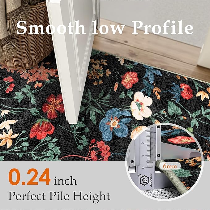Floral Runner Rug 2x6 Washable Hallway Long Black Bedroom Carpet Non Slip Indoor Boho Kitchen Low Pile Accent Rug Lightweight Soft for Bathroom Dining Laundry Living Room