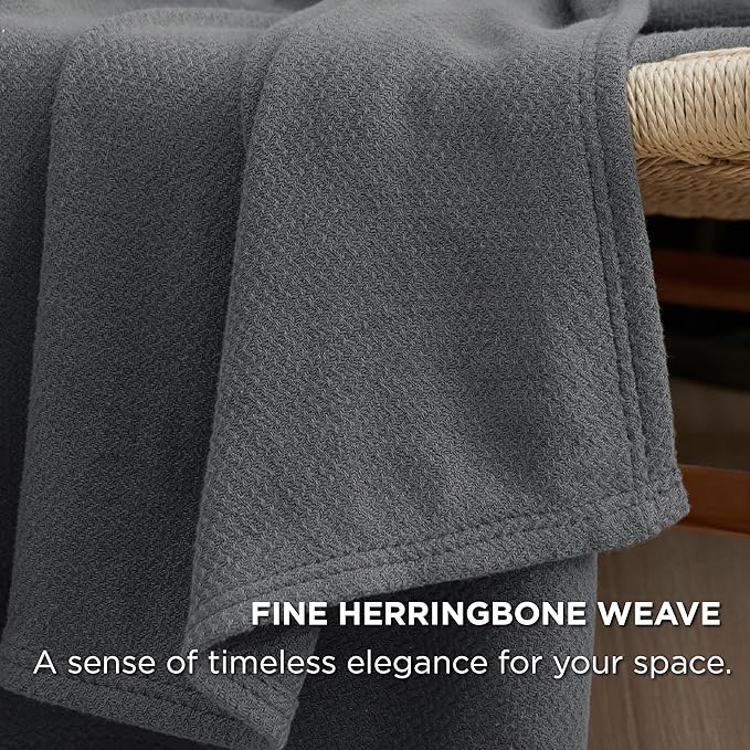 Bedsure 100% Cotton Blanket King Size for Bed - Breathable and Lightweight, Soft Cozy Textured Herringbone Woven Blanket for Summer, Dark Grey, 108x90 inches