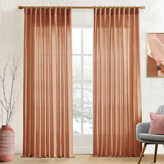 XTMYI 70 Inches Wide Terracotta Country Curtains for Living Room,Sheer Linen Curtains for Bedroom 96 Inches Long